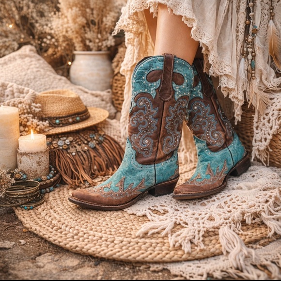 Ferrini Shoes - Ferrini Leather Western Boots Turquoise Brown Pointed Toe Studded – Women’s 7.5